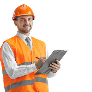 The builder in orange helmet isolated on white