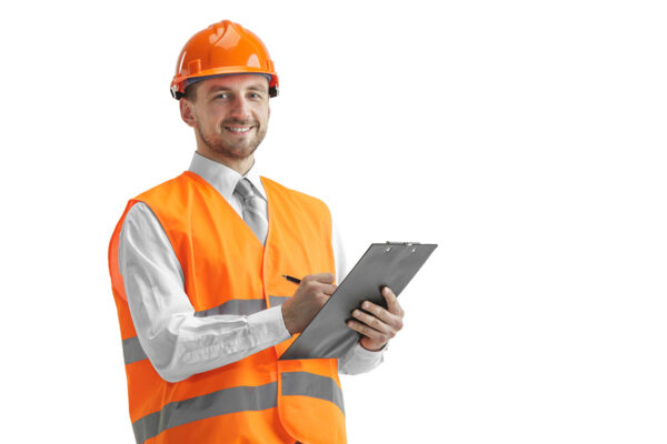 The builder in orange helmet isolated on white