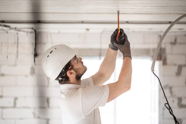 Electrician installer with a tool in his hands, working with cable on the construction site.