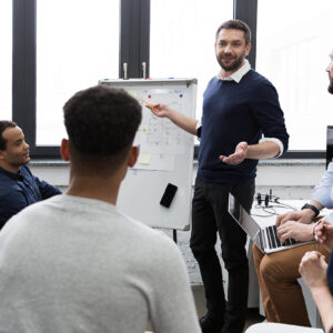 Business team discussing their ideas while working in office